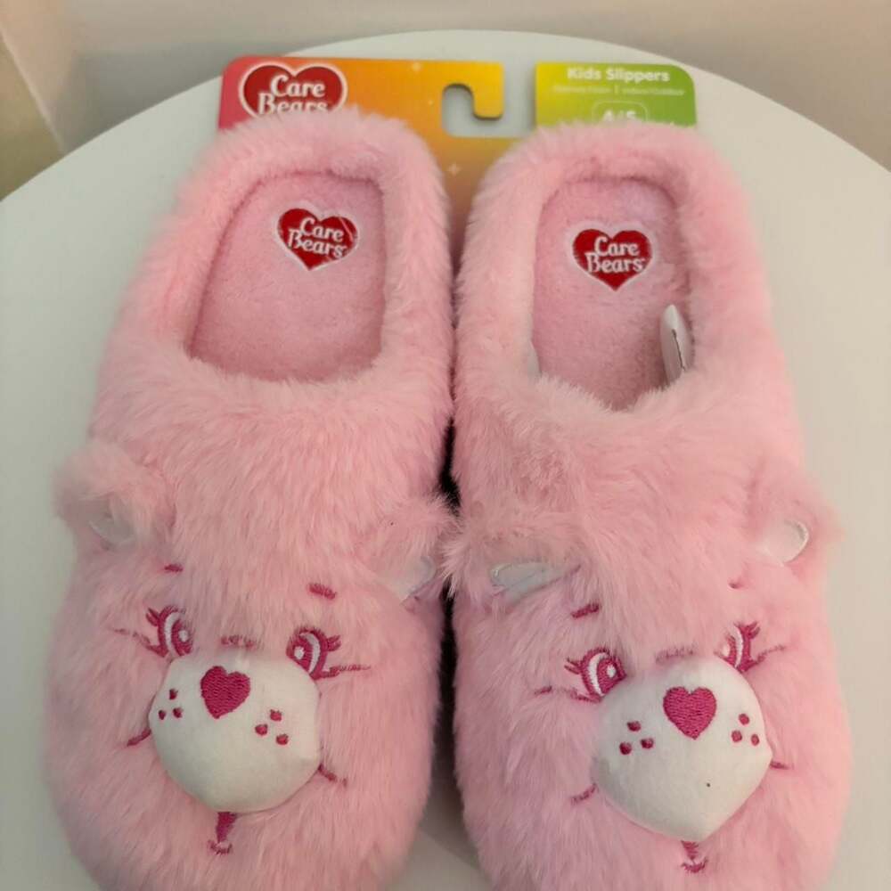 Care Bears Pink Fuzzy Memory Foam Kids Slippers Size 4/5
